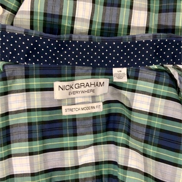 Nick Graham Mens Green Blue Plaid Stretch Modern Fit Button Down Shirt Large - Picture 4 of 8